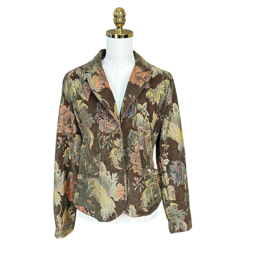 Y2K Vintage DKNY Jeans Brown Floral Tapestry Blazer Jacket Women Size LG